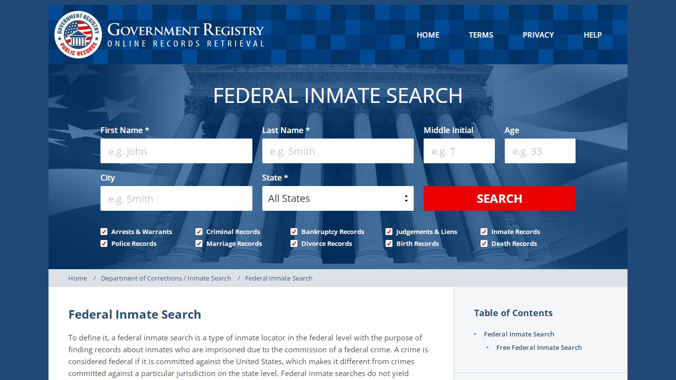 Federal Inmate Search | Search for Federal Inmates - GovernmentRegistry.Org